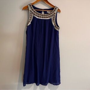 Gauzy Royal Blue Shift Dress Loose Fit Sleeveless Embroidery Beading Boho Large